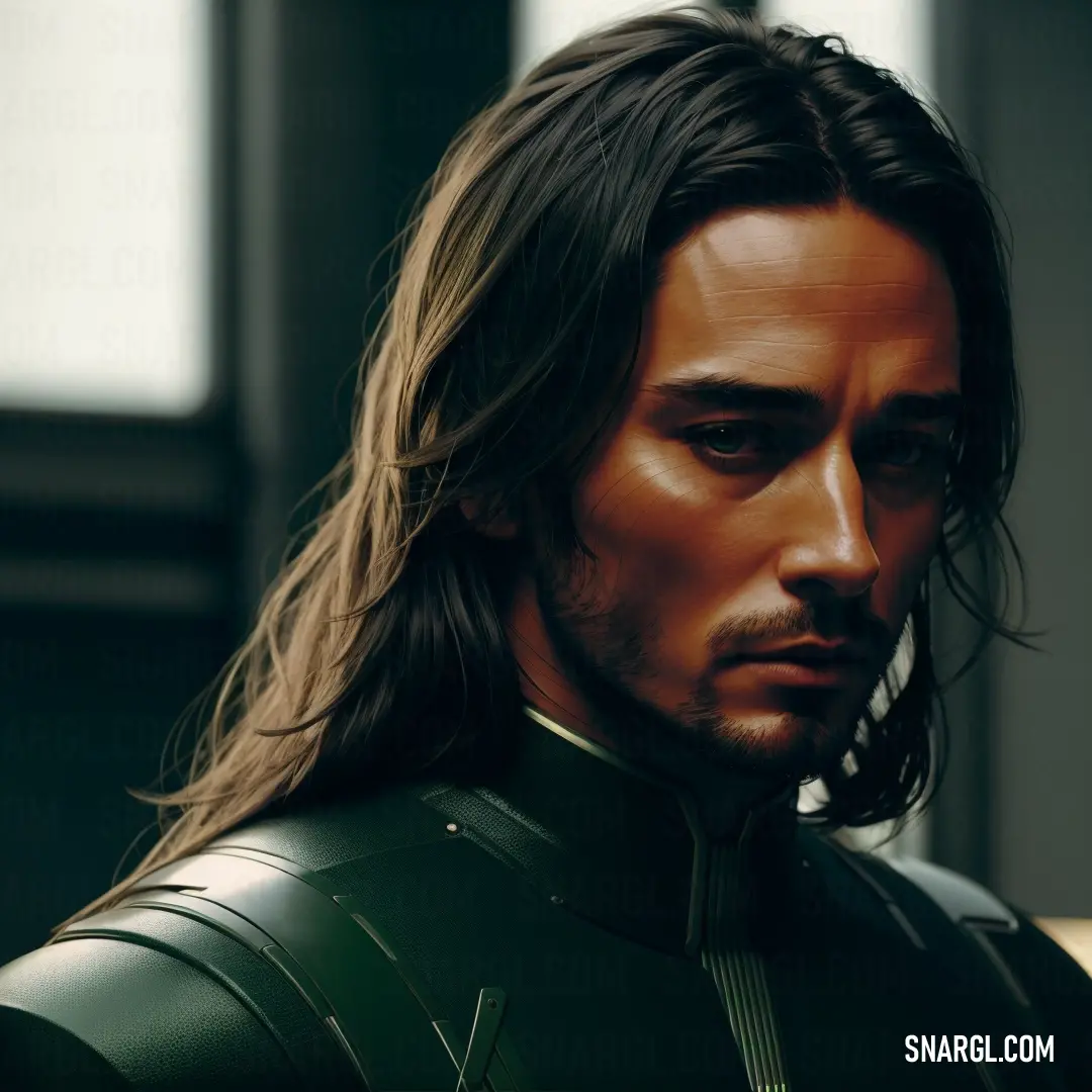 A man with long, flowing hair stands tall in a shining suit of armor, looking directly at the camera. His serious expression conveys strength and determination, his armor gleaming with a unique, earthy hue.