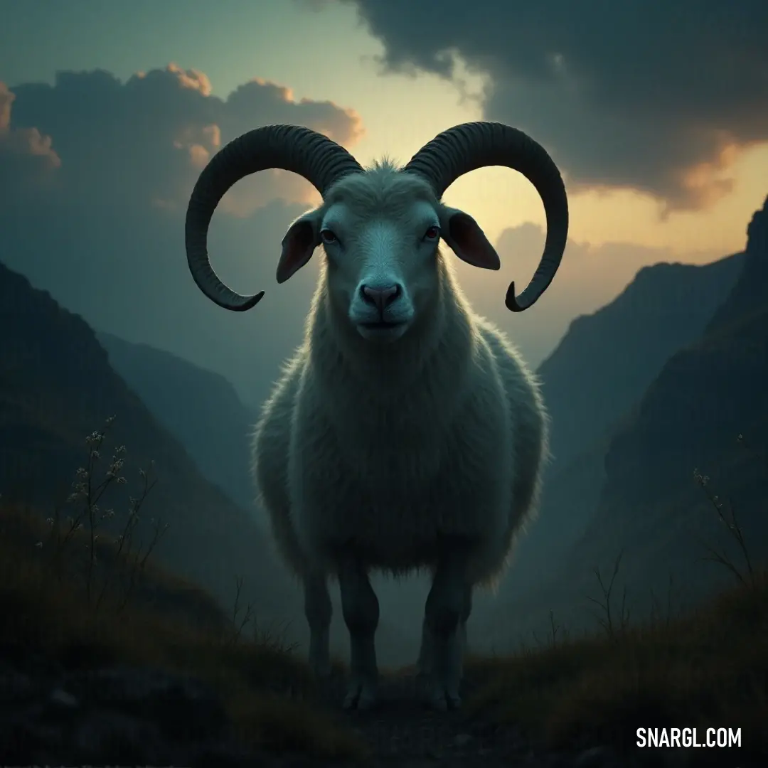 Majestic ram poised on a grassy hill, gazing over a breathtaking expanse of rugged mountains under a clear blue sky. Its thick, warm fur reflects the natural earth tones of the scene, creating a harmonious connection with the wild landscape around it.