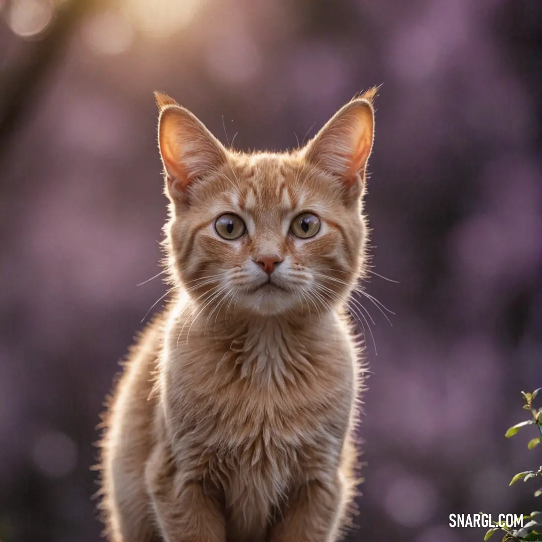 Small orange cat on top of a wooden table next to a bush and a purple background. Example of #9F8170 color.