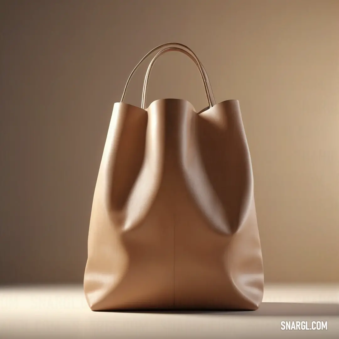 Tan leather bag on a table next to a wall with a light shining on it and a shadow. Color Beaver.