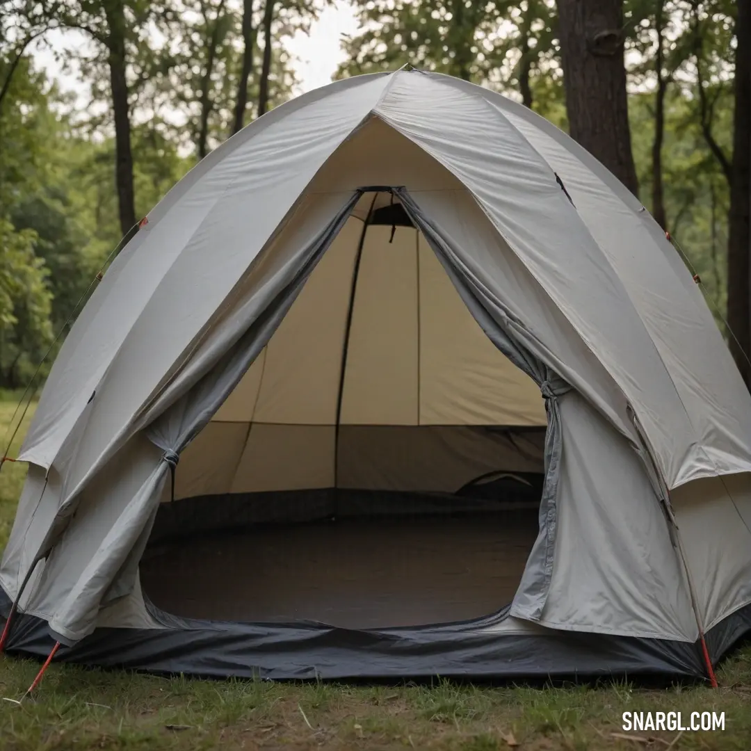 A serene camping scene featuring an empty tent nestled among tall trees in a tranquil woodland setting. The natural hues blend harmoniously, evoking a sense of calm and adventure.