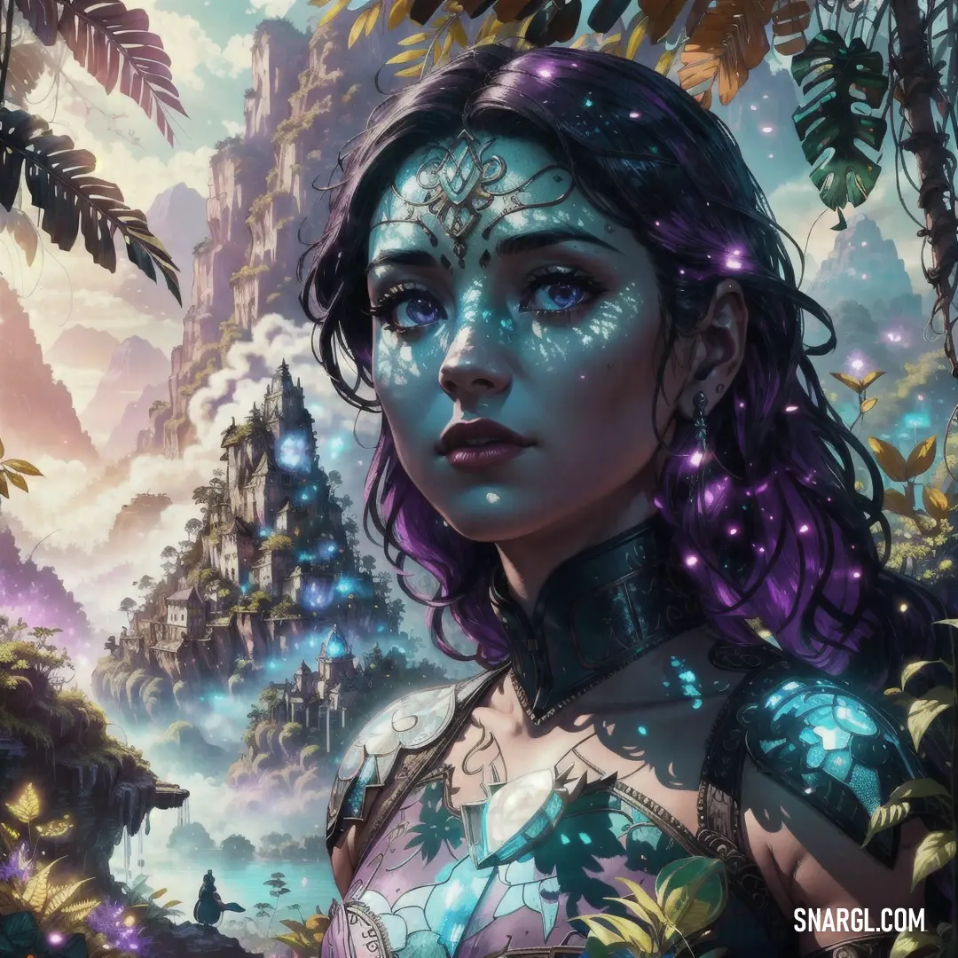 A woman with striking blue eyes and elaborate body paint stands in a lush fantasy landscape. Trees and vibrant plants surround her, and a grand castle rises in the distance, evoking a sense of mystery.