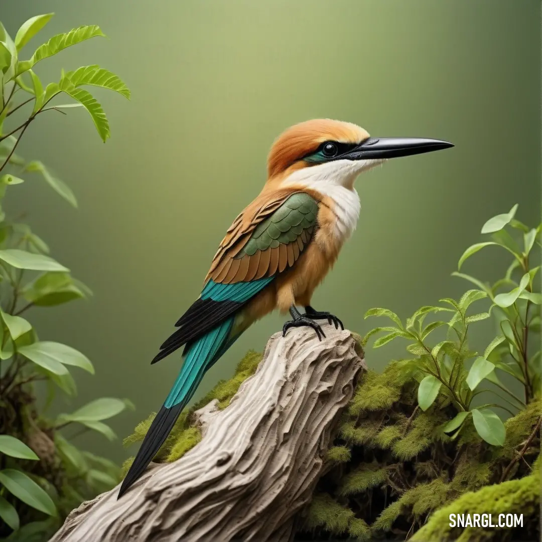 Bee-eater with a colorful head on a branch in a forest with green leaves and mossy branches