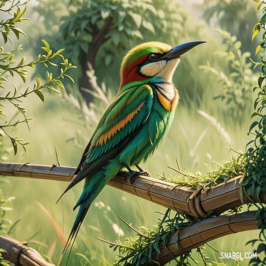 Colorful Bee-eater on a bamboo branch in a forest of trees and grass, with a green background