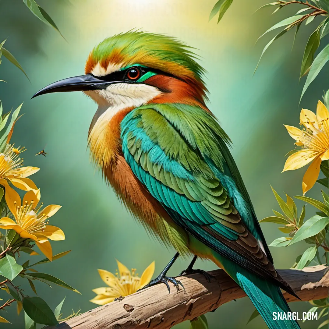 Colorful Bee-eater on a branch with yellow flowers in the background