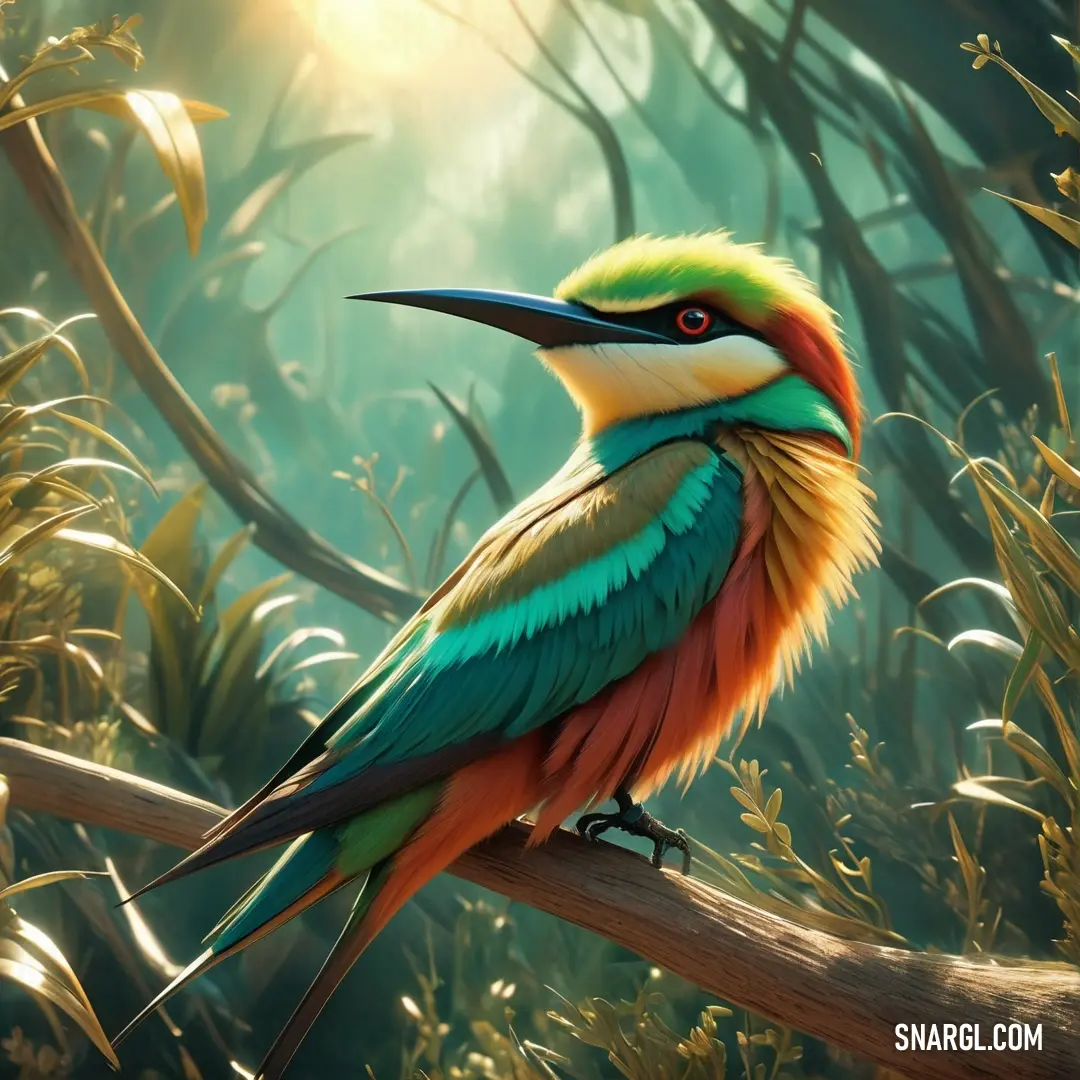 Colorful Bee-eater on a branch in a forest of grass and trees with the sun shining through the trees