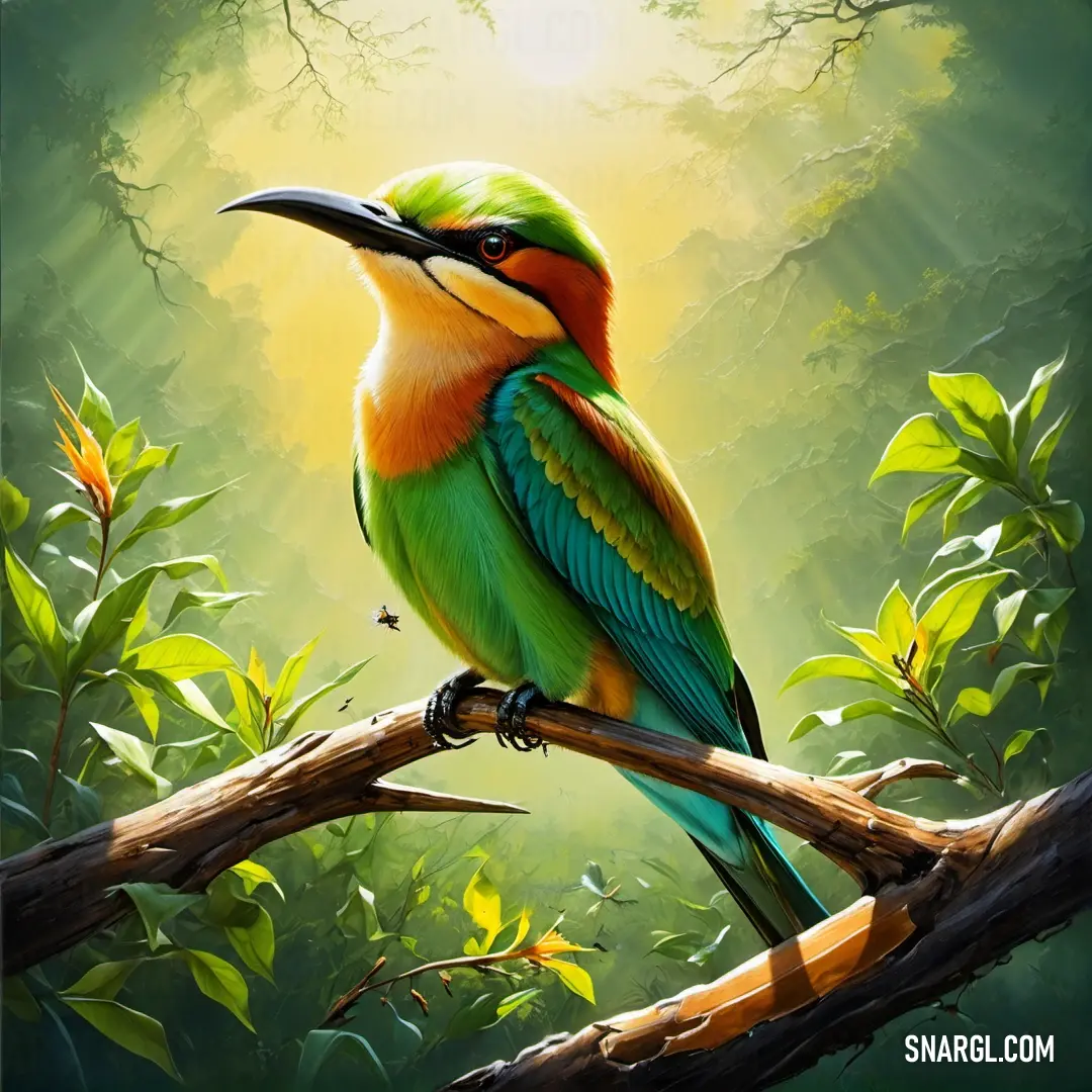 Colorful Bee-eater on a branch in a forest with a sun shining behind it