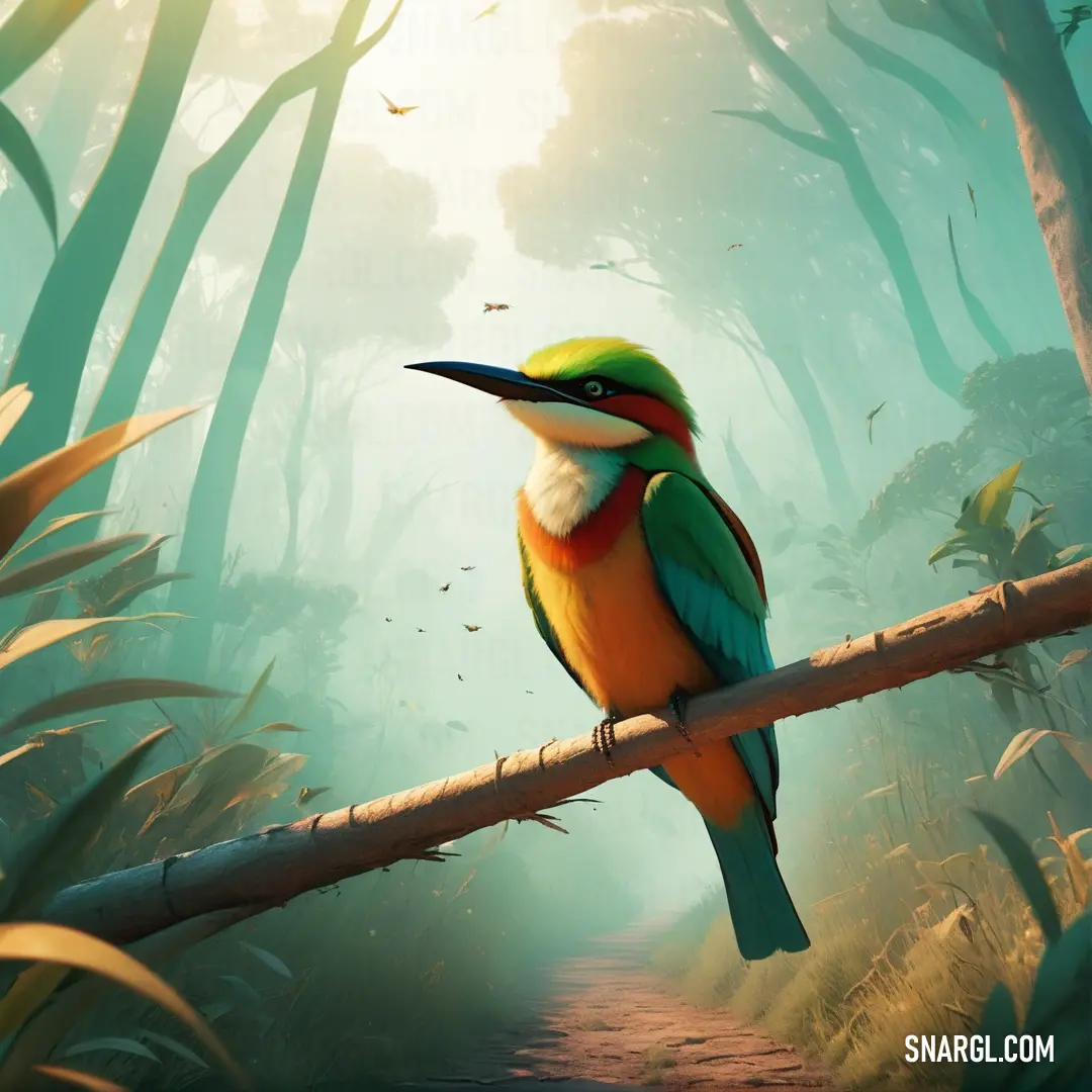 Colorful Bee-eater on a branch in a forest with a sun shining through the trees behind it and a path leading to the woods