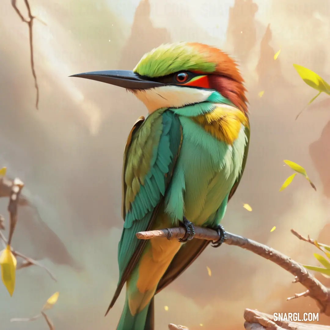 Colorful Bee-eater on a branch in a tree with leaves around it and a sky background