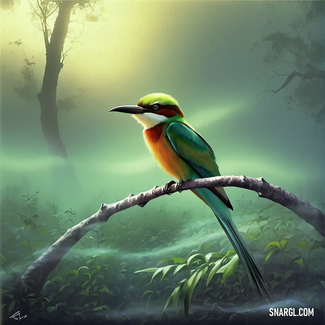 Colorful Bee-eater on a branch in a forest at night with a full moon in the background