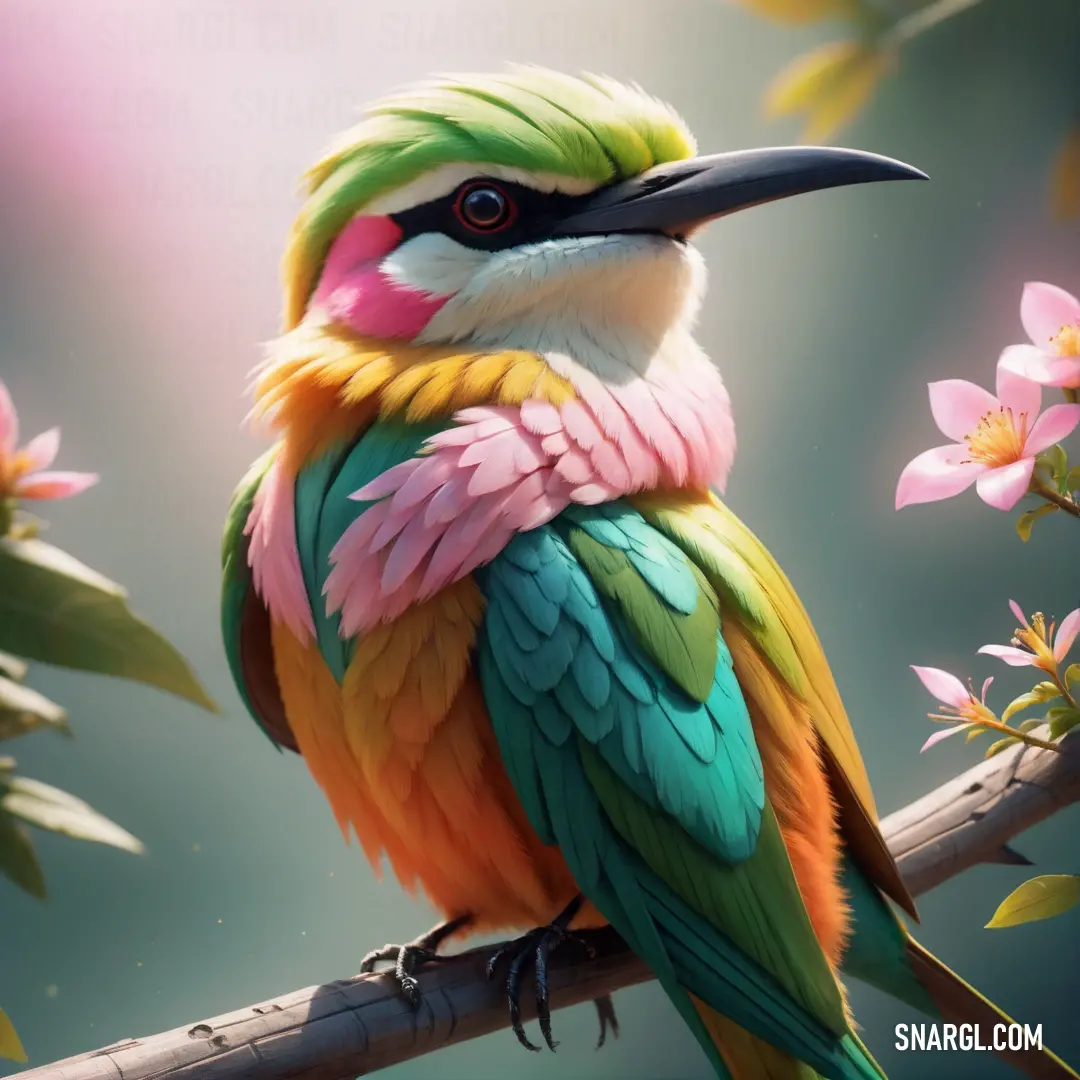 Colorful Bee-eater on a branch with flowers in the background