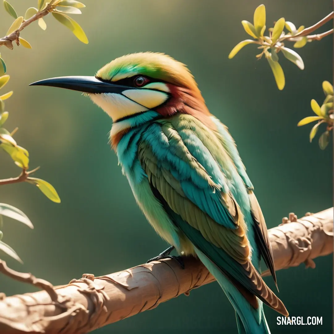 Colorful Bee-eater on a branch of a tree with leaves and branches in the background