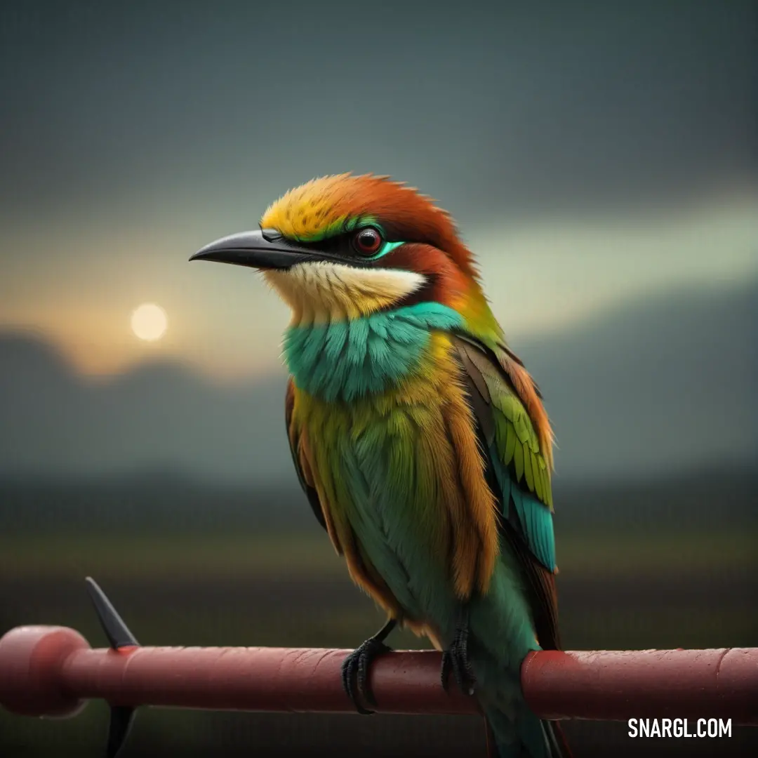 Colorful Bee-eater on a red rail with a sunset in the background