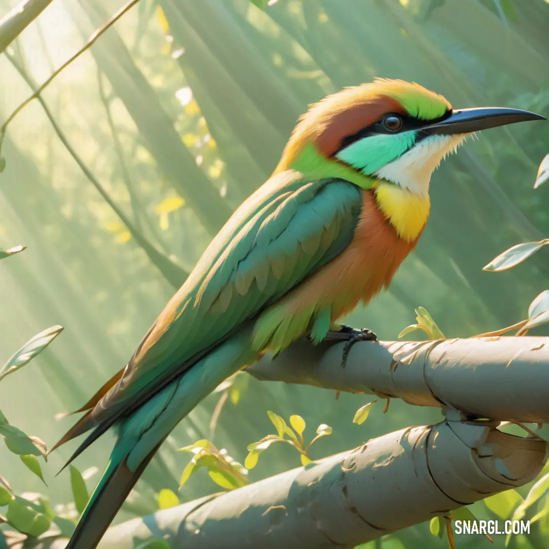 Colorful Bee-eater perched on a branch in a bamboo forest with green leaves and a bamboo background