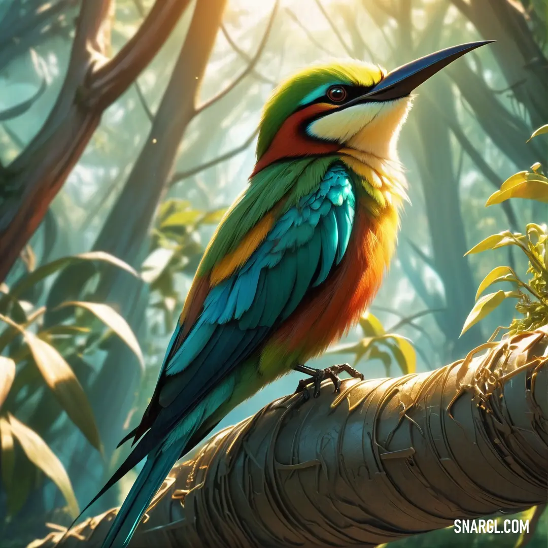 Colorful Bee-eater perched on a tree branch in a forest with sunlight streaming through the trees and leaves on the ground