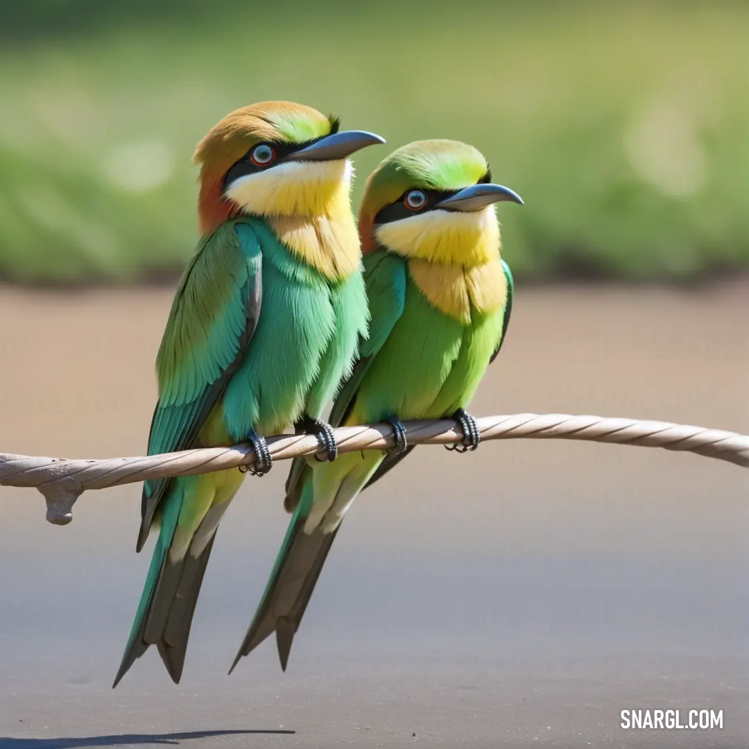 Two colorful birds on a rope together on a sunny day
