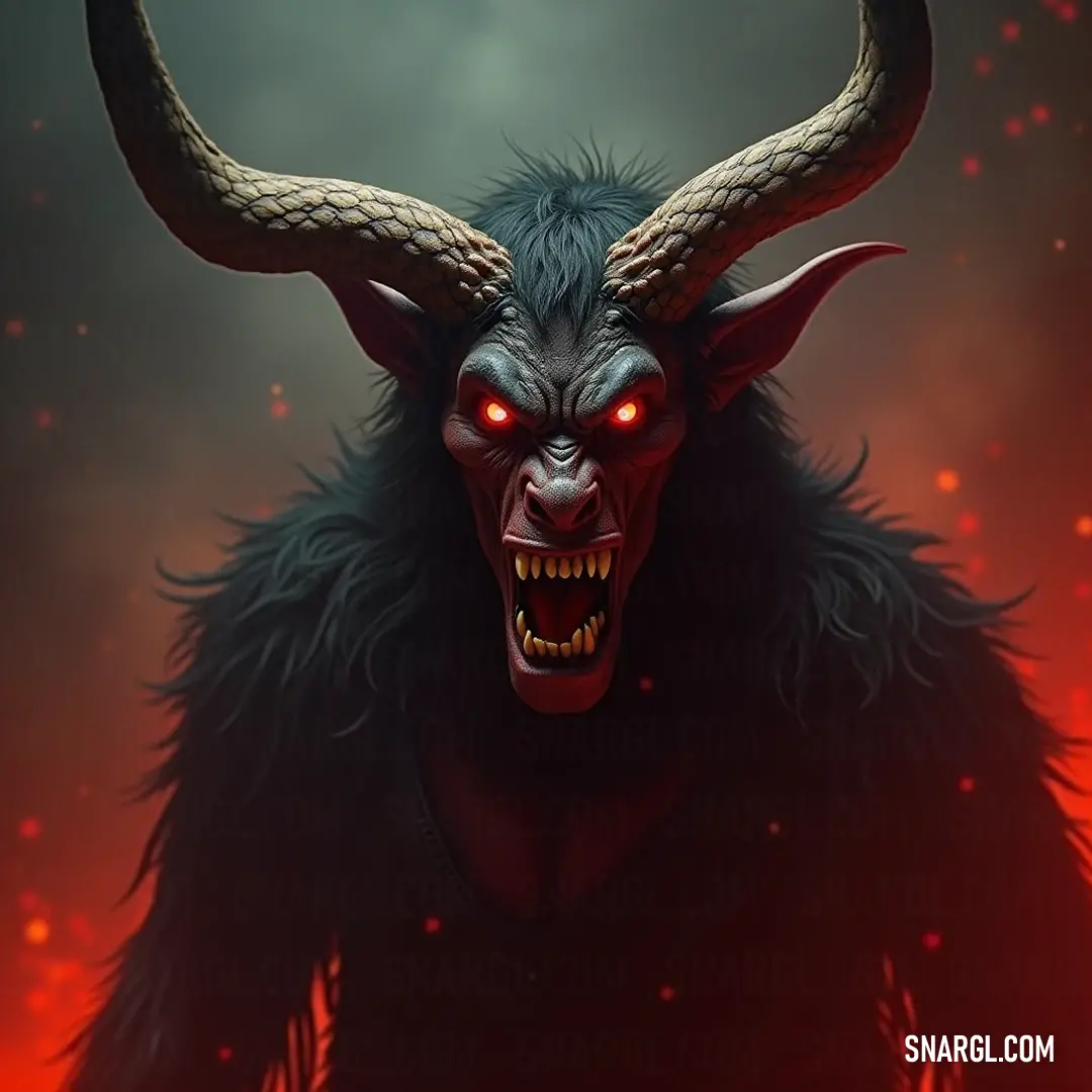 A formidable Beelzebub figure with piercing red eyes and ominous horns stares intensely forward, showcasing a fierce visage adorned with sharp fangs, representing the embodiment of darkness and power in a mystical landscape.