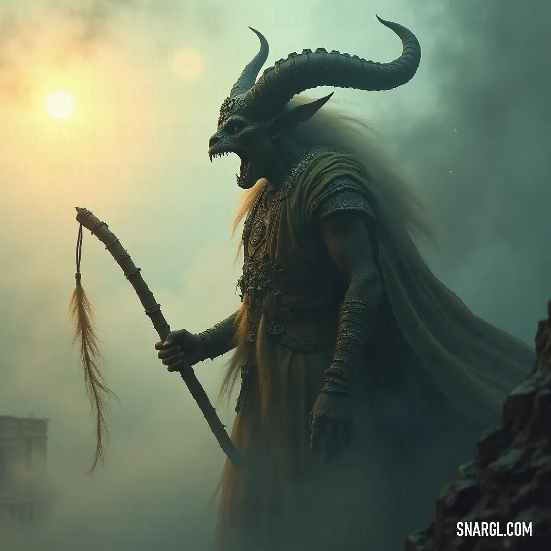 Beelzebub, with a staff and glowing orb in hand, stands enigmatic in the fog, the distant sun illuminating the mist around him, bridging the realms of light and shadow in a perfect harmony. Standing amidst swirling fog, Beelzebub grips a staff and a glowing orb, serene yet powerful, as the sun's silhouette casts an ethereal atmosphere, merging shadows and light.