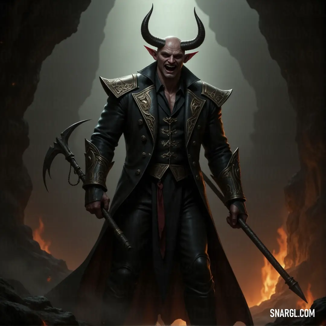 Beelzebub, dressed in a black coat, holds two swords in his hands, while a demon rests on his shoulder. His horns and stance exude authority, making him a commanding figure in a dark and mysterious setting. Beelzebub, clad in a black coat with his horns curving menacingly, holds two swords, one in each hand. A demon perched on his shoulder adds to his intimidating figure, as he stands confidently in an unknown, ominous location.