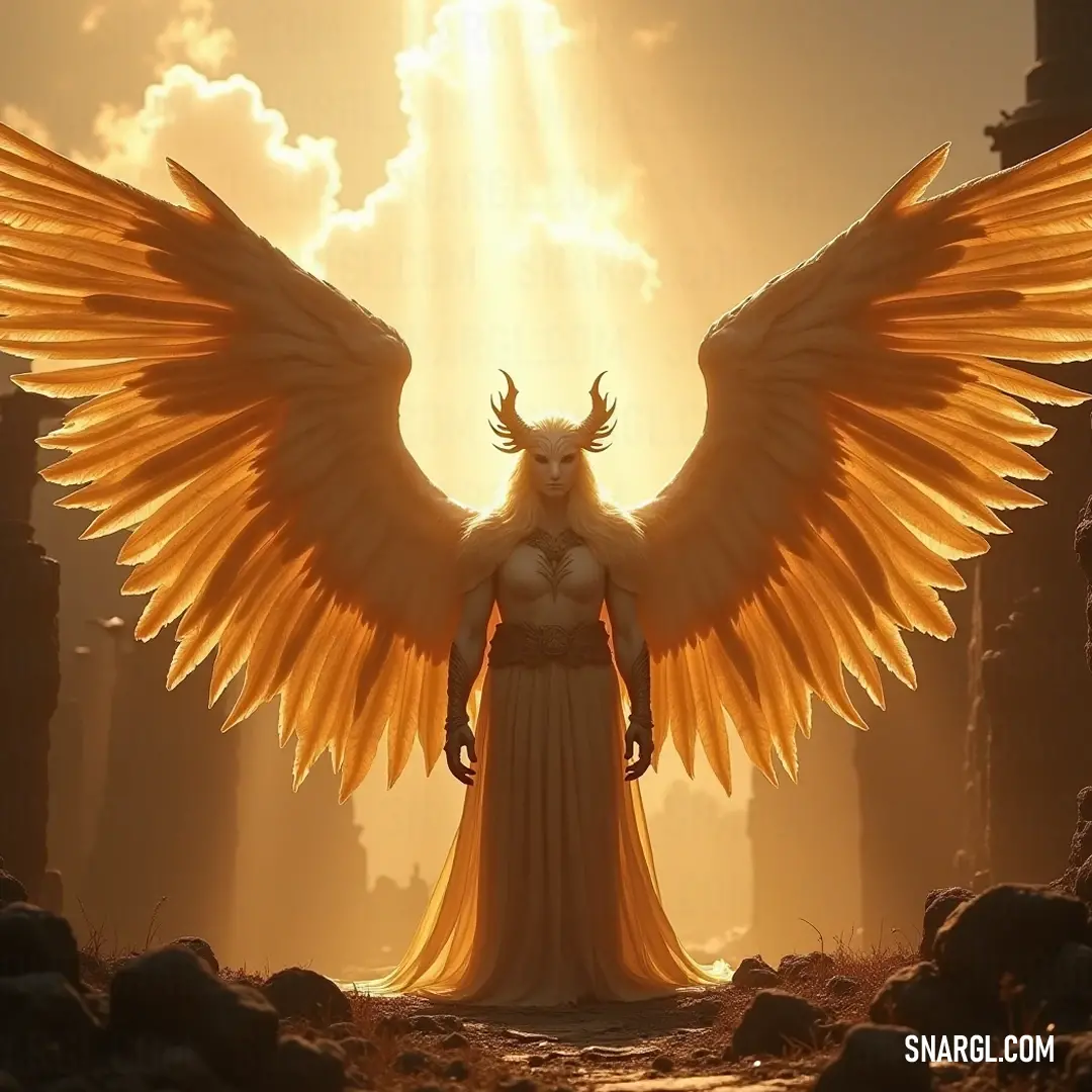 A powerful Beelzebub commanding a rocky desert landscape beneath an expansive sky. Beelzebub, an imposing figure with immense wings, stands resolutely in a rocky desert landscape. The vast sky above mirrors the rugged beauty of the earth, creating a striking contrast that showcases his formidable presence.