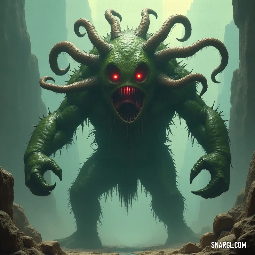 The Giant Beholder Emperor, with fearsome red eyes, reigns in a cave, where rock and water harmonize in nature's quiet beauty. In a damp cave, the formidable Giant Beholder Emperor, with its eerie red eyes and otherworldly visage, stands against a backdrop of rock formations and glistening water, inviting adventurers to ponder the legends of this deep and dark domain.