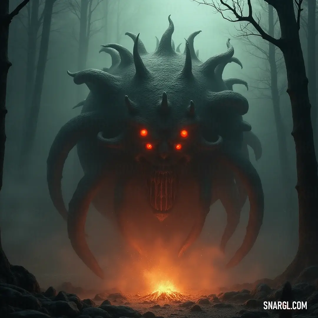 A menacing Demonic Beholder Enforcer in a shadowy forest Venture into a dark forest where a Demonic Beholder Enforcer with intense glowing eyes prowls, its menacing presence illuminated among gnarled trees and shadows, creating an aura of dread, as echoes of its eerie gaze whisper stories of ancient evils lurki