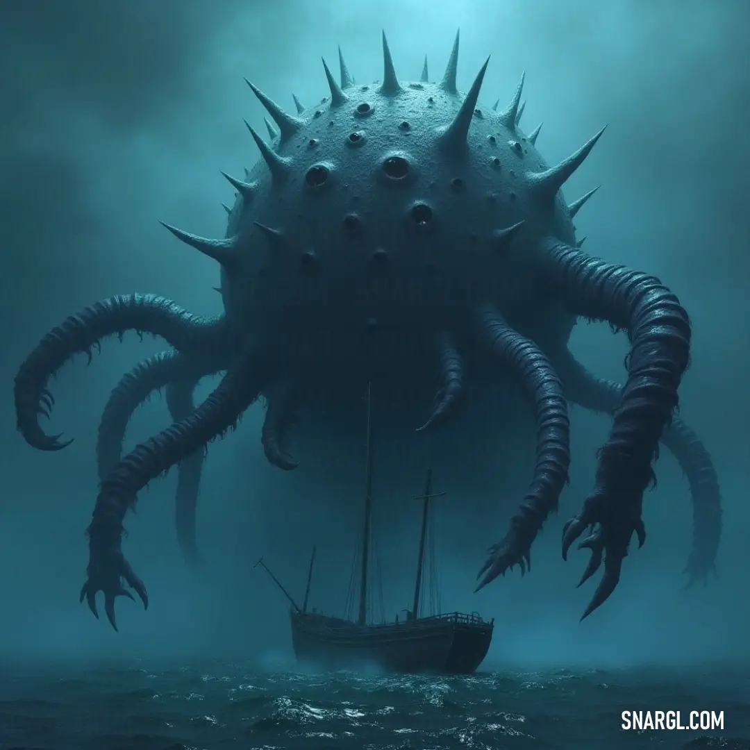 A fierce Giant Beholder Enforcer attacks a boat in tumultuous seas Experience the fierce action of a Giant Beholder Enforcer as it lunges at a boat, its menacing form towering above while gripping onto a monstrous back end, both entangled in a chaotic struggle amidst the turbulent ocean waves under a stormy sky.