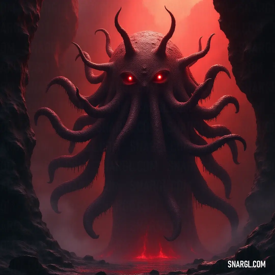 Sinister Giant Beholder Lich amidst shadows in a foreboding cave. Sinister Giant Beholder Lich, eyes ablaze with menacing red light, dwells in the eerie shadows of a cave, its formidable figure casting an unsettling reflection against the jagged stone walls.
