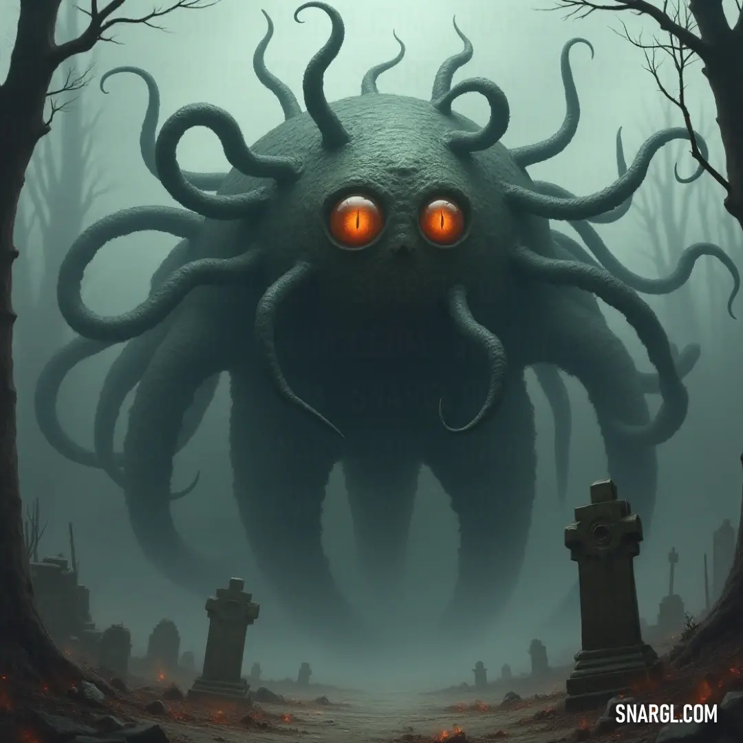 In a haunting graveyard, the Creepy Beholder Lord with glowing eyes creates an atmosphere of suspense, as it surveys the time-worn tombstones shrouded in shadows and surrounded by gnarled trees. A chilling vision of the Creepy Beholder Lord stands in a graveyard, its glowing eyes piercing the gloom, surrounded by ancient tombstones and twisted trees, casting an ominous shadow over the eeriness of the scene.