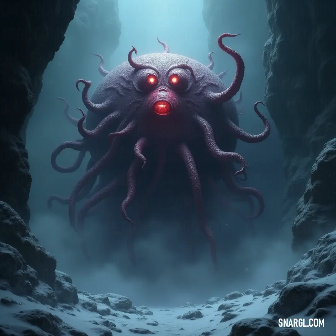 Bathed in an ethereal glow, the Giant Beholder Queen commands the snowy cave, her eyes brightening the stark cold, making her seem both enchanting and formidable amid the wintery landscape. A vivid scene of the Giant Beholder Queen, her glowing eyes illuminating the chilly cave covered in fresh snow, creating a stark contrast to the dark stone and capturing her regal presence in wintry splendor.