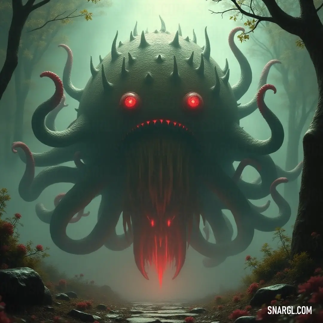 Creepy Beholder Sorcerer Shrouded within Enigmatic Woods A towering beholder sorcerer, with piercing red eyes and an eerie countenance, lurks among ancient trees and rocky terrain, embodying the essence of lurking danger in a shadowy forest.
