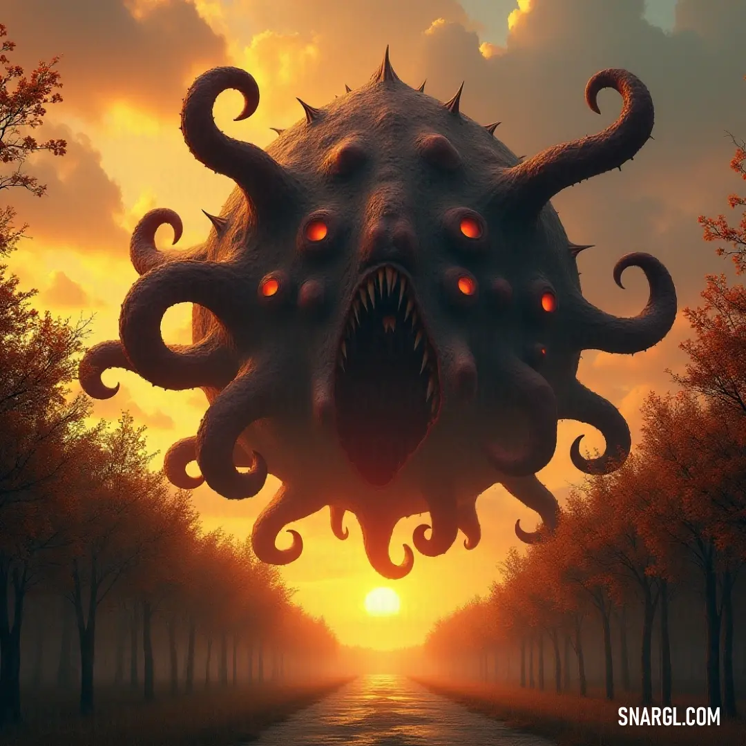 A massive Beholder Warden-like creature blocks a lonely road, its glowing eyes and menacing mouth standing out against the peaceful trees that line the path. A giant Beholder Warden-like monster stands in the middle of a quiet road surrounded by trees, its glowing eyes and large, gaping mouth adding a sense of fear and intrigue to the calm setting.