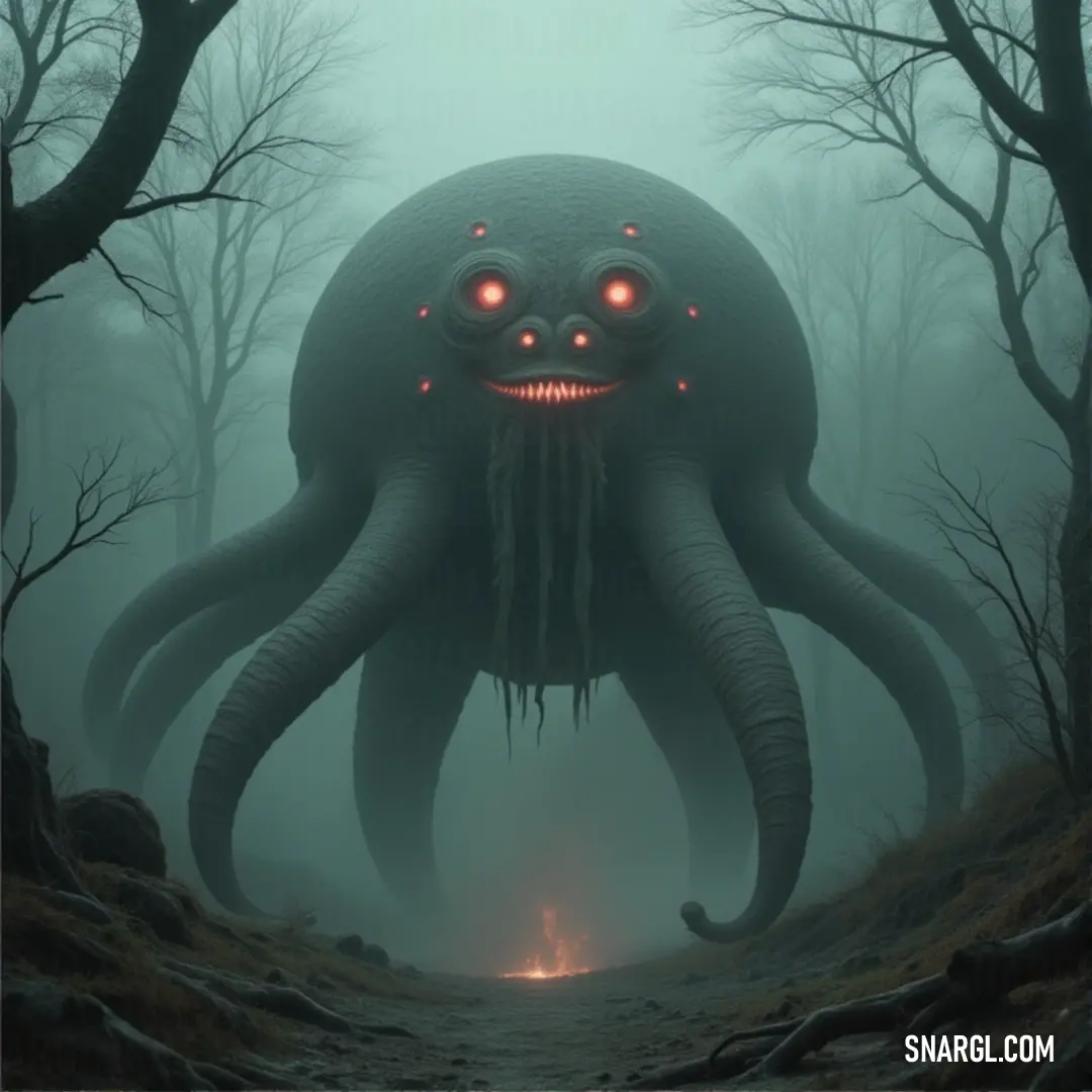 A giant squid with glowing eyes and a sinister face moves through a foggy forest, its body partially hidden in the mist. A giant squid, its eyes glowing with an eerie light, lurks in the misty forest. Its massive body, partially shrouded in fog, creates a sense of foreboding, while the eerie stillness of the forest amplifies the creature’s haunting presence.