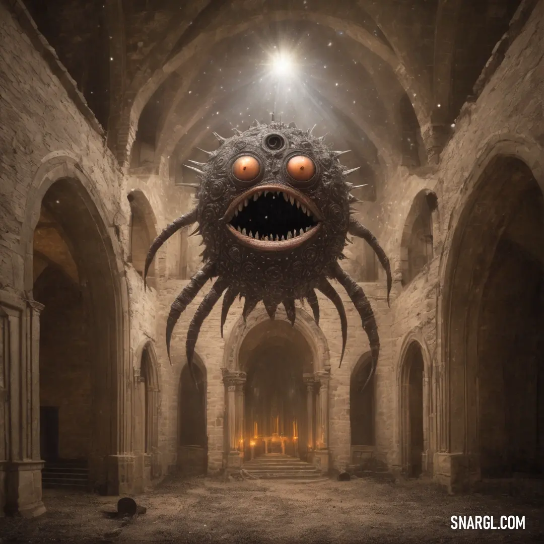 Creepy looking spider in a very large building with a light on it's head and eyes on its face