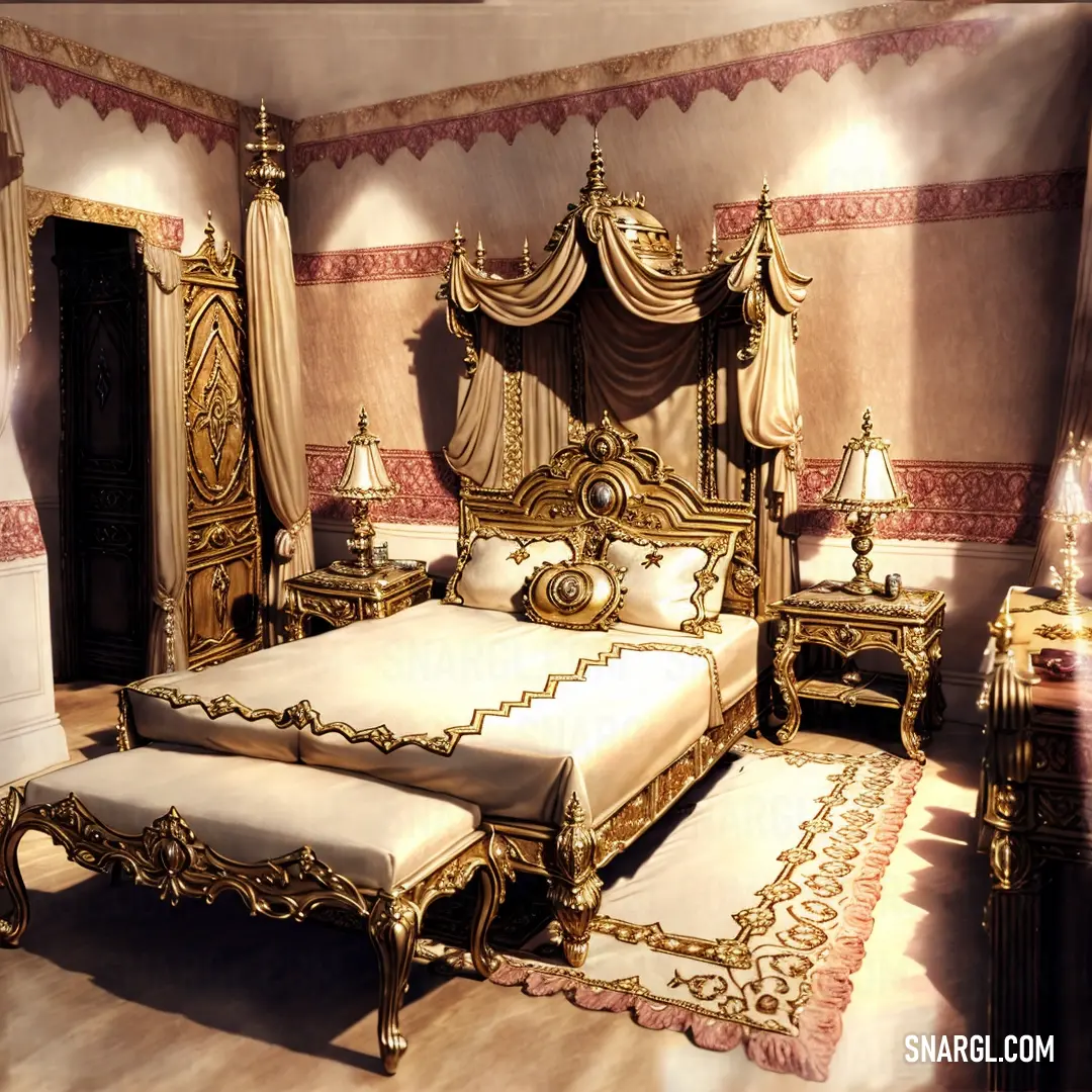 Bed with a canopy and a rug on the floor in a room with a bed and a dresser