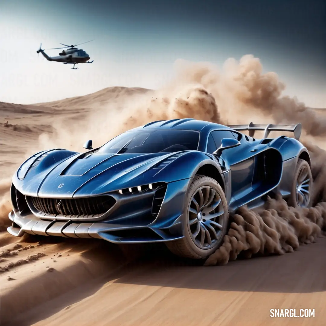 Blue sports car driving through a desert landscape with a helicopter flying overhead in the background and dust blowing around the car