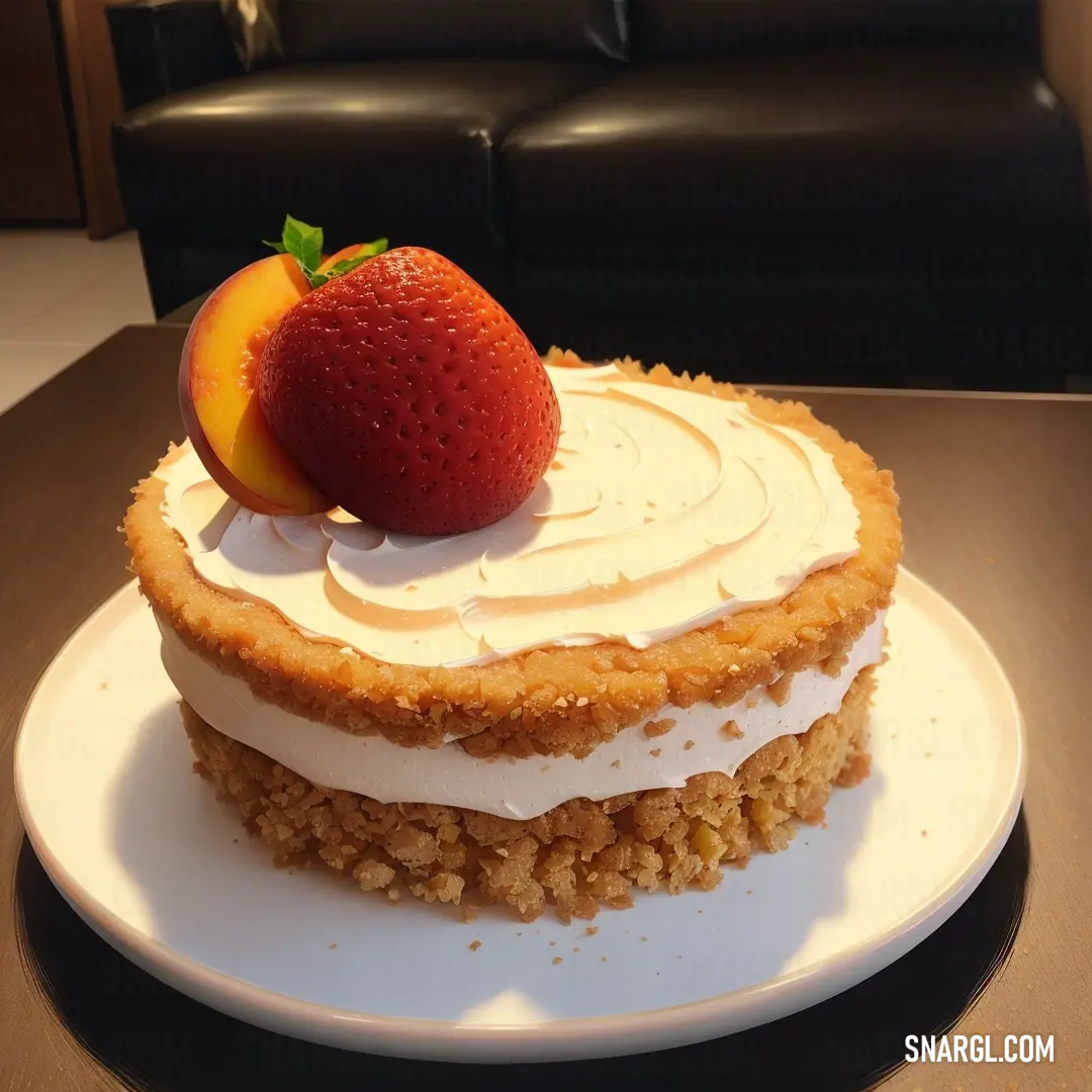 Cake with a strawberry on top of it on a plate on a table in a room with a couch. Color Beige.