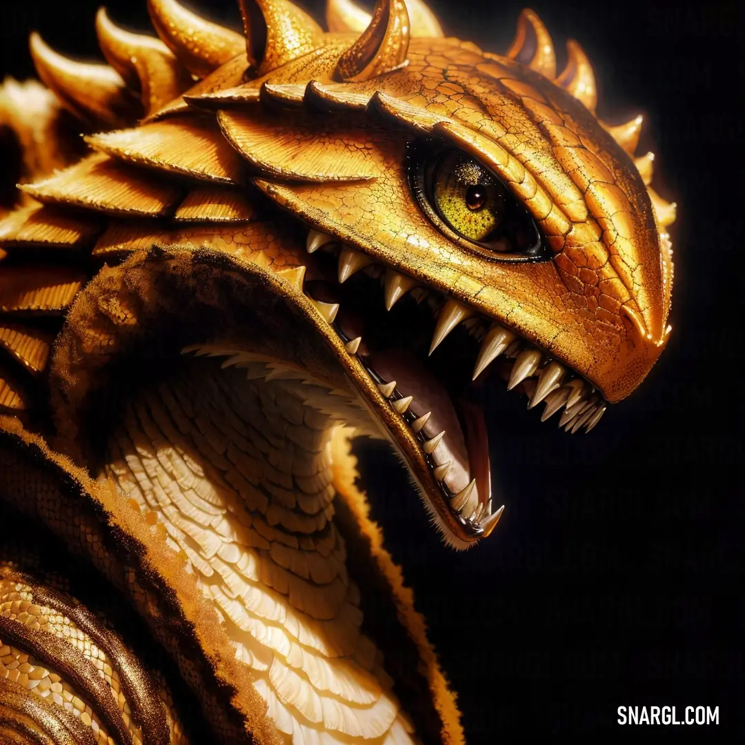 Close up of a dragon with its mouth open and sharp teeth showing
