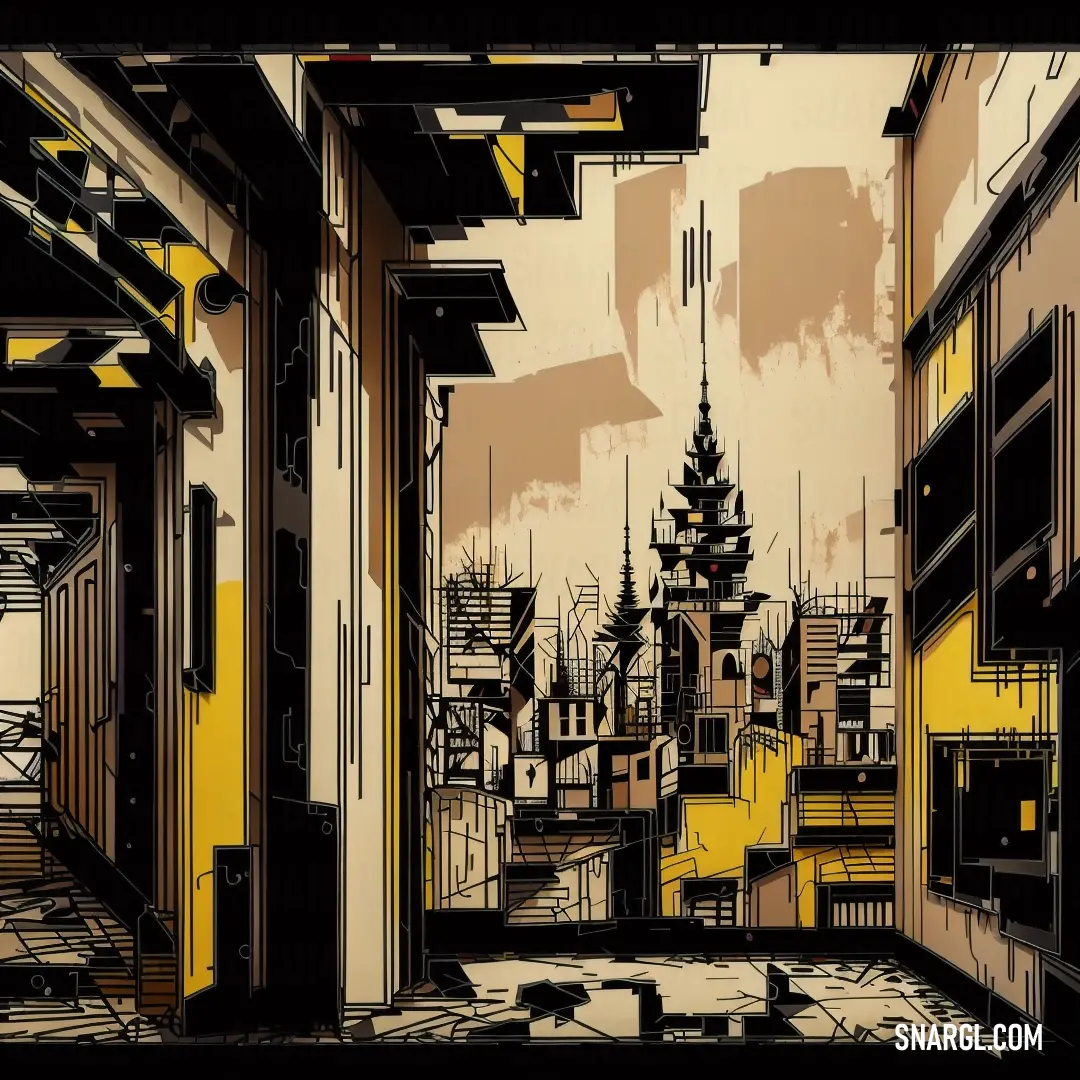 Digital painting of a city with a clock tower in the distance and a yellow wall in the background