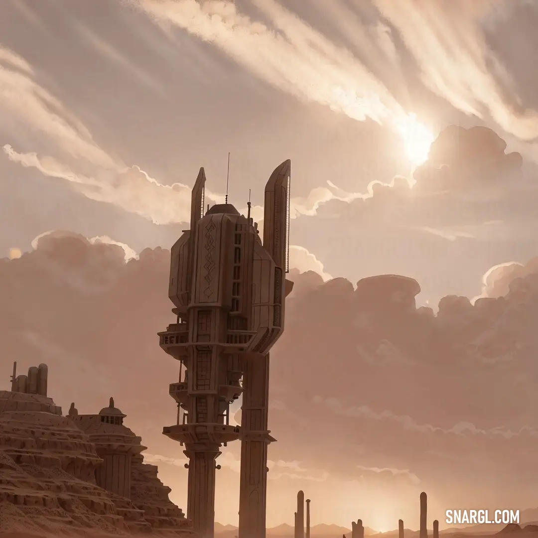 Futuristic city with a giant clock tower in the middle of the desert with a sun in the background