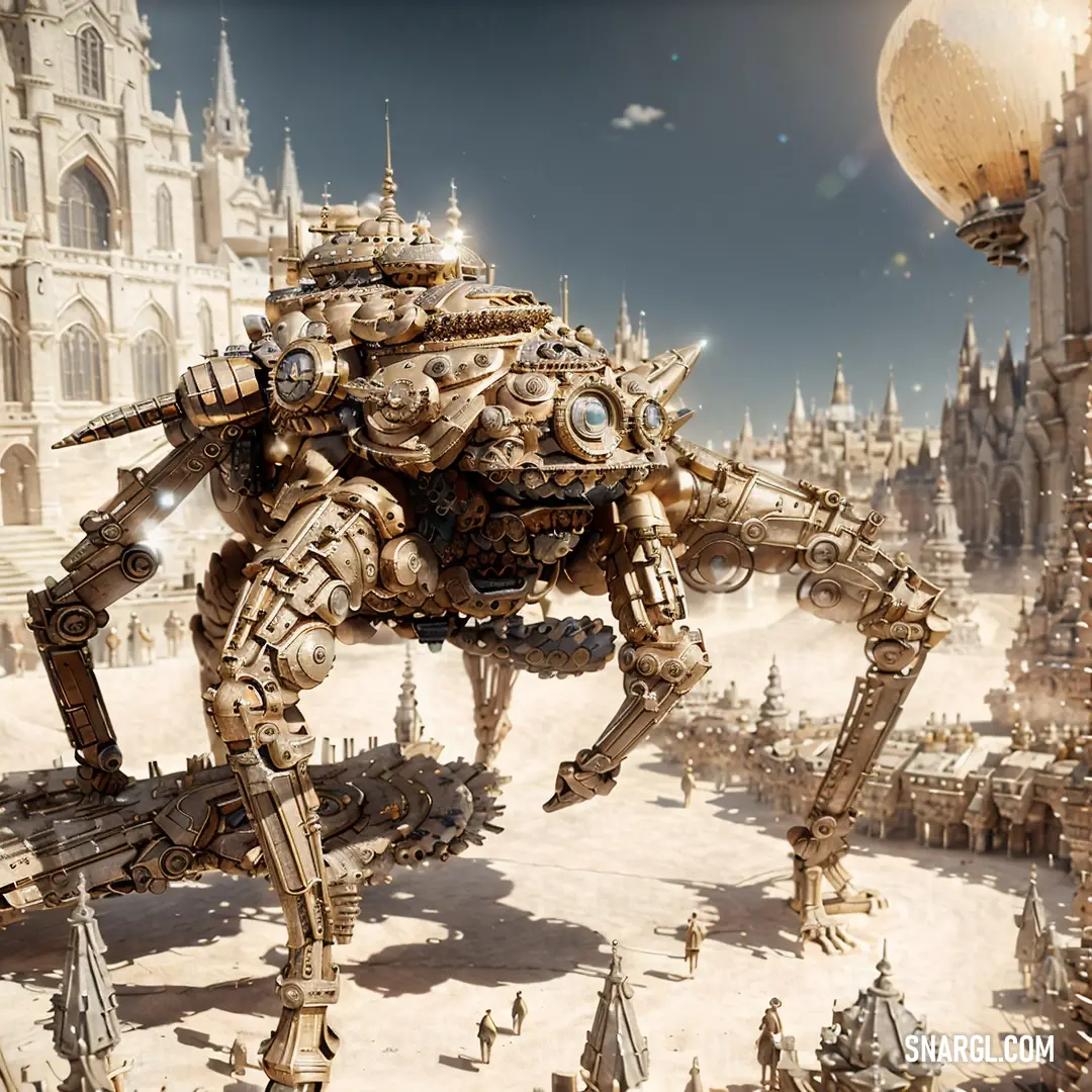 Giant robot standing in front of a castle in a fantasy world with a giant balloon in the sky