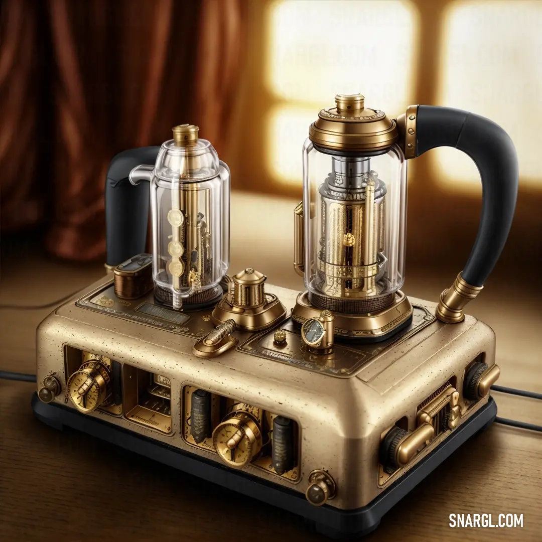 Gold colored coffee pot and a coffee pot on a table with a window in the background and a black handle