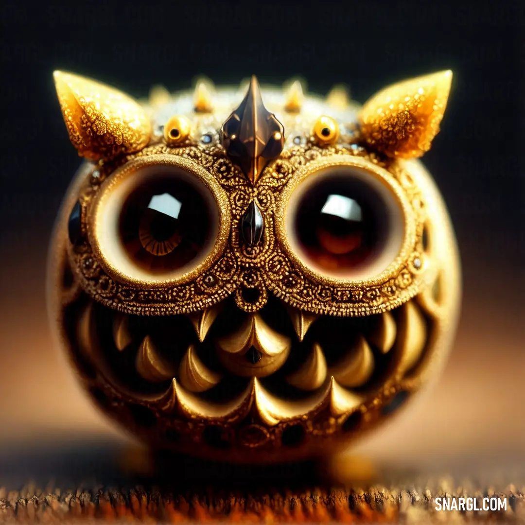 Gold owl figurine with big eyes and a gold crown on its head