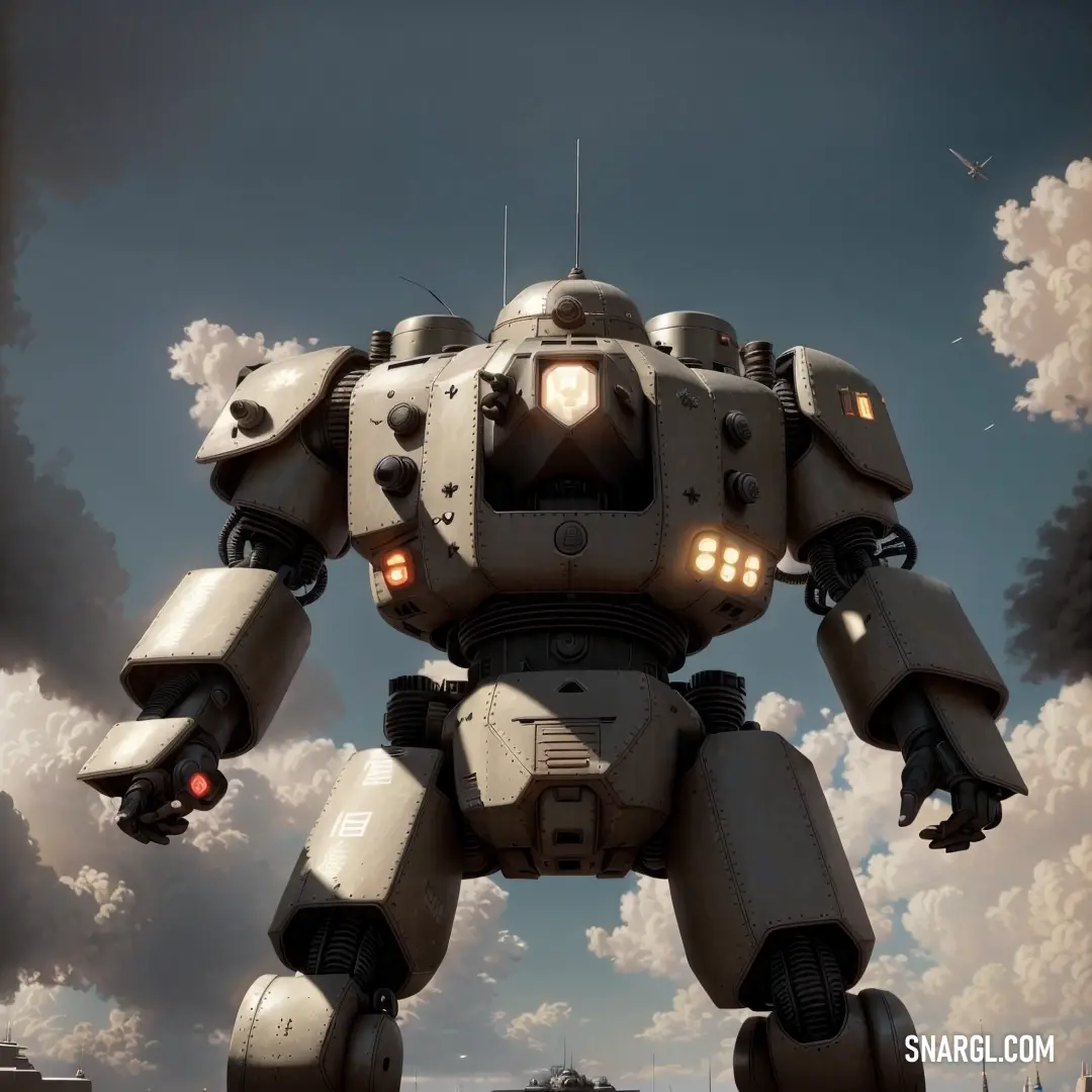 Large robot standing in front of a cloudy sky with a light on it's head and arms