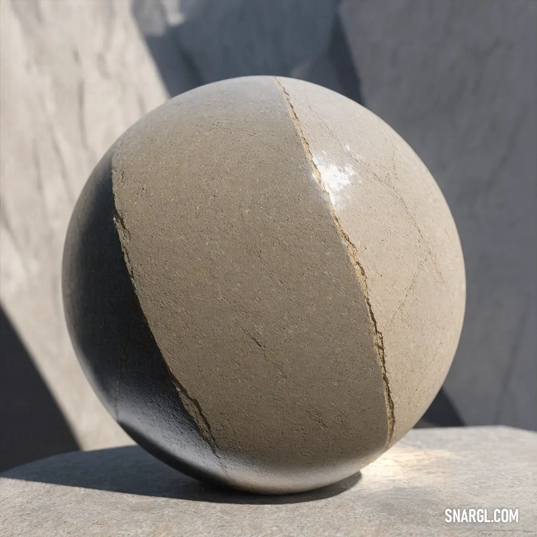 Large stone ball on top of a rock wall next to a wall of cement