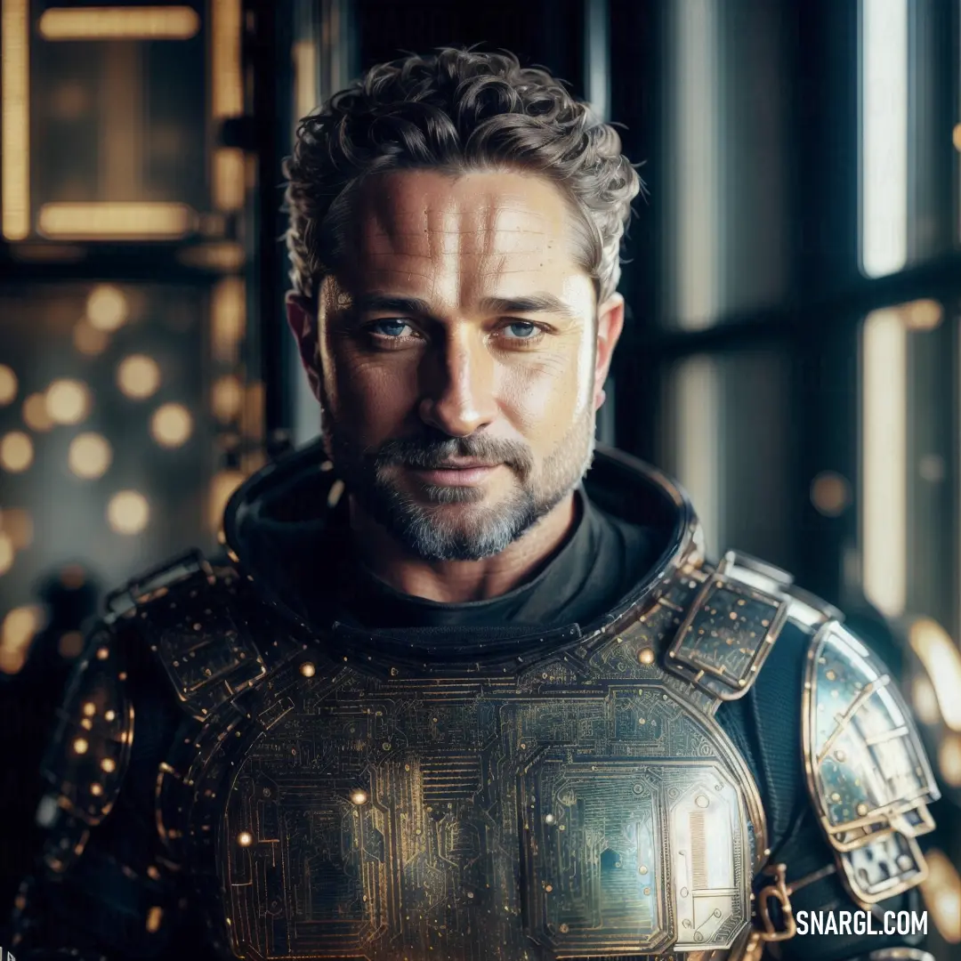 Man in a suit of armor looks at the camera with a serious look on his face and shoulders