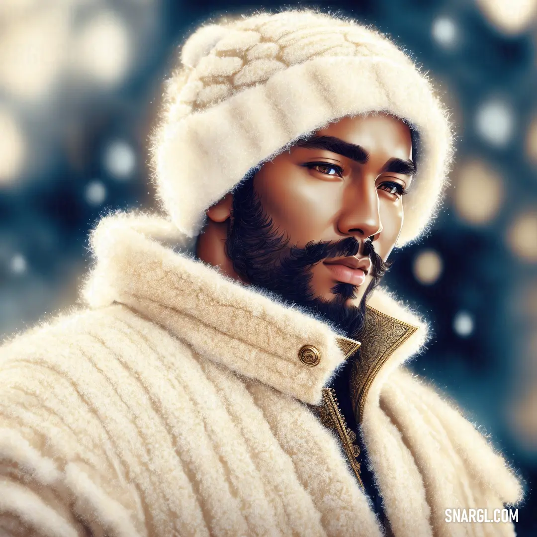 Man with a beard wearing a white hat and a sweater with a fur collar and a gold button. Color #F5F5DC.