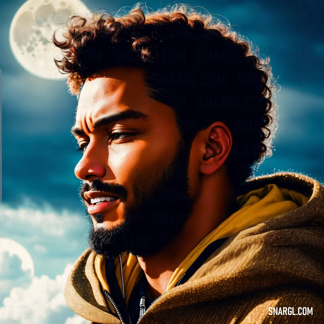 Man with a beard and a full moon in the background is looking to his left side with his eyes closed