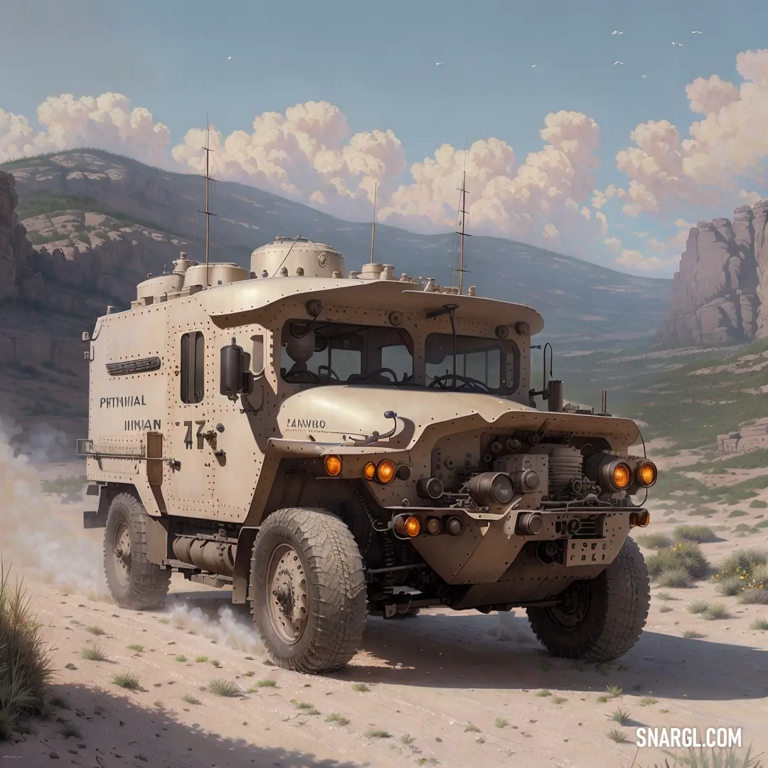 Military vehicle driving through a desert landscape with mountains in the background and clouds in the sky above it