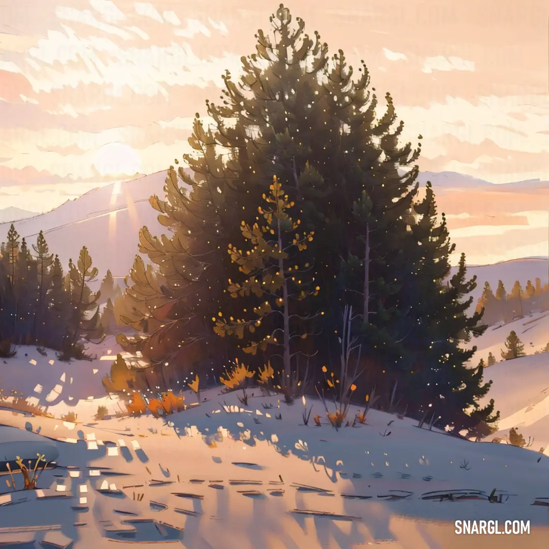 Painting of a snowy landscape with trees and mountains in the background at sunset or dawn with a sun shining through the clouds